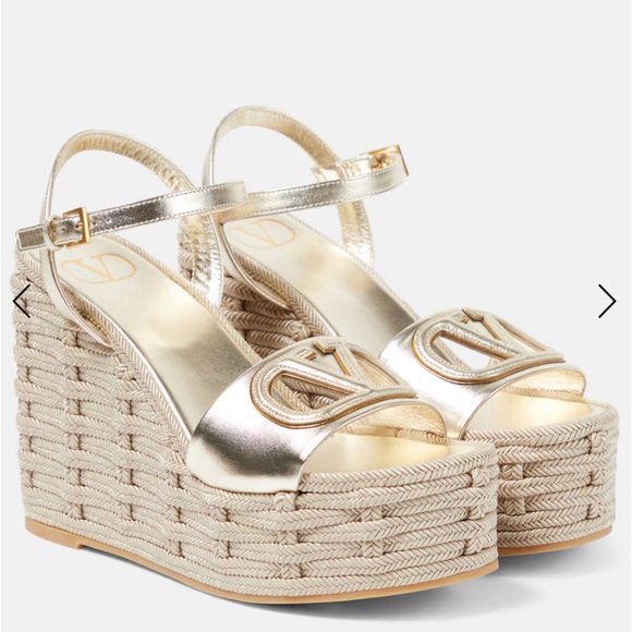 VALENTINO GARAVANI Vlogo cutout metallic leather espadrille wedges